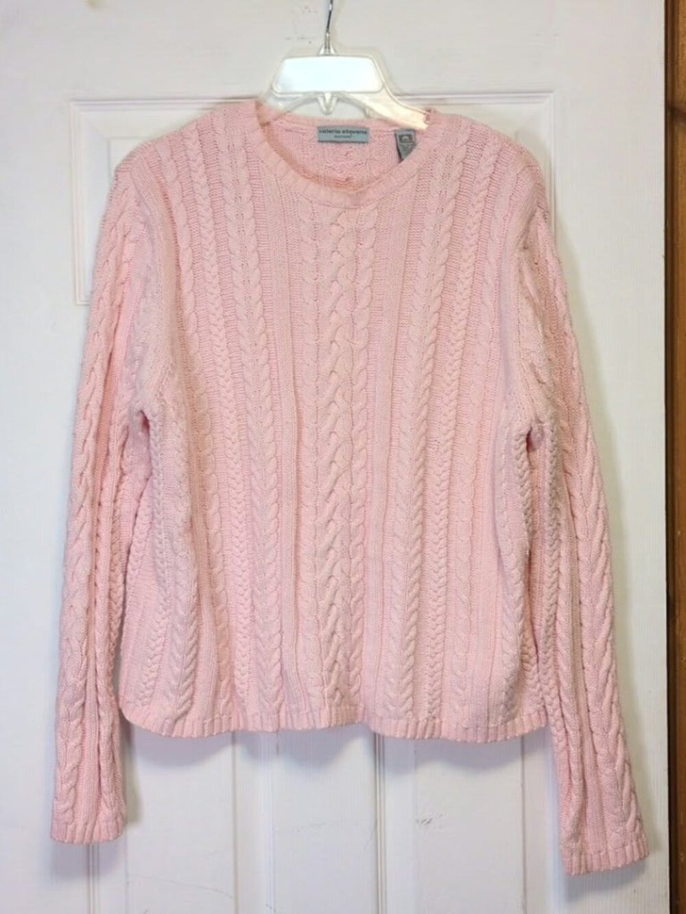 VTG Valerie Stevens Pink Cable Knit Rare Made in UK Sweater XL 100% Cotton 90s